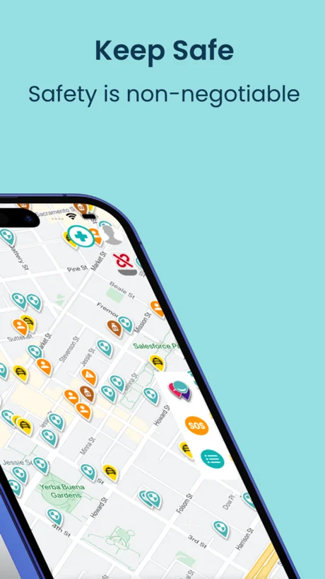 Safety map of San Francisco with community pins, SOS button, and risk indicators