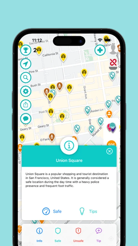 Location safety card for Union Square showing area description and safety rating